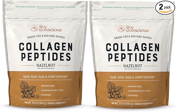 Live Conscious Collagen Peptides Powder - Hazelnut Collagen Powder - Hair, Skin, Nail, & Joint Support - Type I & III Grass-Fed Collagen Supplements for Women and Men - 30 Servings (2-Pack) - 12.4oz