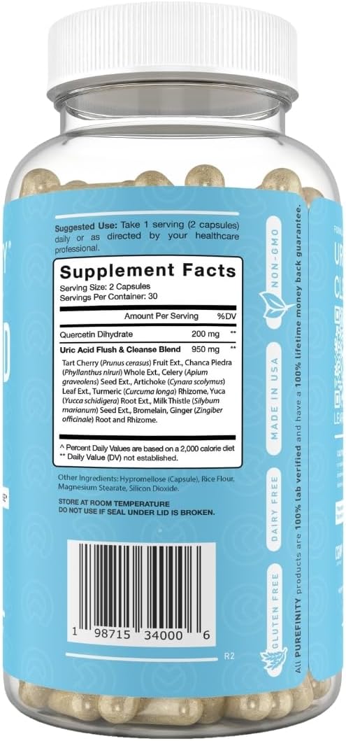 PUREFINITY Uric Acid Flush & Cleanse Capsules – Daily Joint Support for Adults with Tart Cherry Extract, Turmeric, Celery Seed, Chanca Piedra, and Bromelain (30 Count)