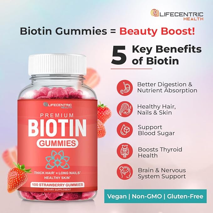 LifeCentric Health Biotin Gummies for Adults | Max Strength Biotin 10000mcg | Chewable Biotin Supplement for Women and Men | 100 Count Vegan Hair Gummies for Hair Skin and Nails