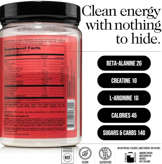 NAKED Cherry Lime Energy - Clean Pre Workout Supplement for Men and Women, NSF Certified, Vegan Friendly, No Added Sweeteners, Colors Or Flavors - 30 Servings