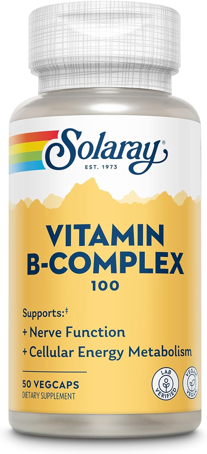 SOLARAY Vitamin B Complex 100mg - Cellular Energy, Nerve and Heart Health Support - Supplies All 8 B Complex Vitamins - Vitamin B12, B1, B2, B3, B6, Niacin, Folic Acid and Biotin - Vegan, 50 Servings