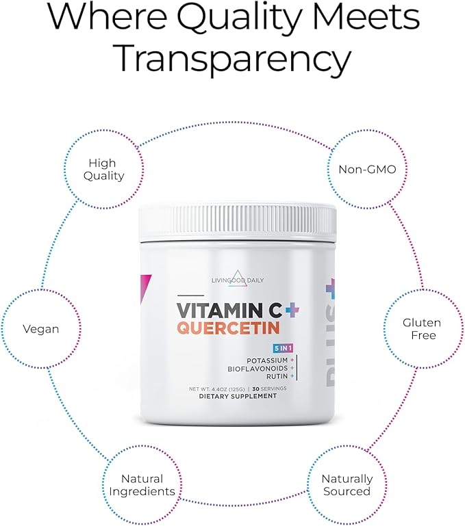 Livingood Daily High Dose Vitamin C Powder Supplement, 2,600 MG Ascorbic Acid Powder Supports Immunity & Skin Health, Powdered Vitamin C with Quercetin, Sweetened with Stevia, Vegan, 30 Servings