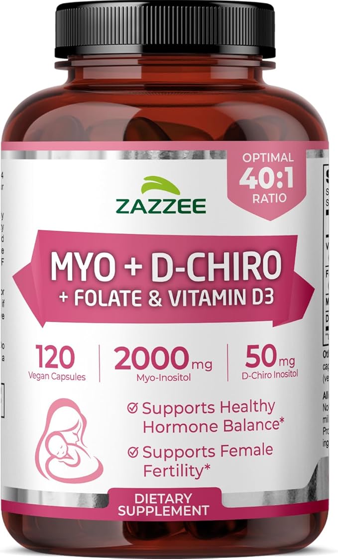 Zazzee Myo & D-Chiro Inositol Ideal 40:1 Ratio with Vitamin D3 & Folate, 120 Vegan Capsules, Hormonal Balance & Cycle Support for Women, Women’s Health Supplement, Non-GMO, Made in the USA