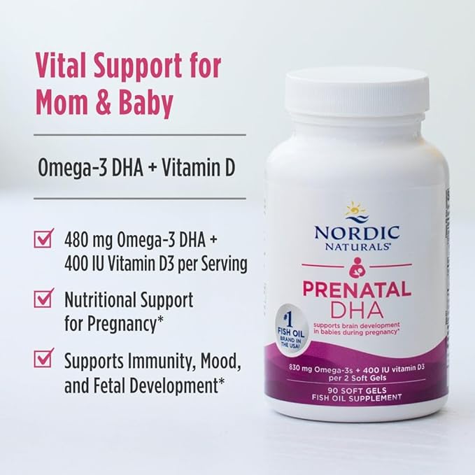 Nordic Naturals Prenatal DHA, Unflavored - 180 Soft Gels - 830 mg Omega-3 + 400 IU Vitamin D3 - Supports Brain Development in Babies During Pregnancy & Lactation - Non-GMO - 90 Servings