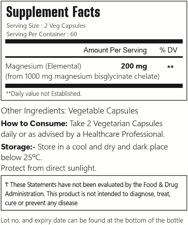 Chelated Magnesium Bisglycinate, 200mg, 120 Vegan Capsules, 60 Servings, Gluten Free, Non-GMO, and Vegetarian Friendly