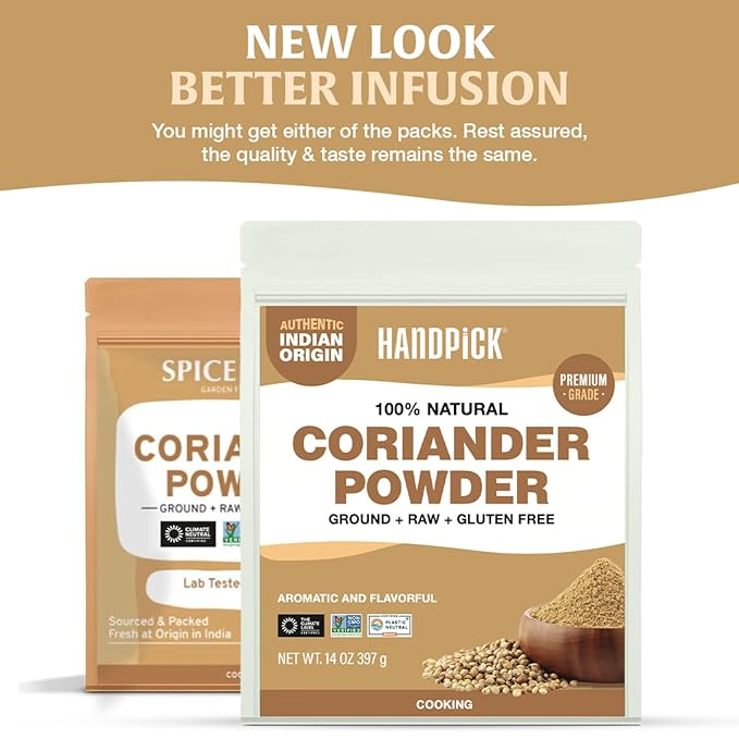 HANDPICK Coriander Powder (14oz) 100% Natural Ground Coriander | Premium Quality and High Value | Non-GMO, Gluten Free, Sourced from India | No Adulterations | Packed in Resealable Ziplock Pouch