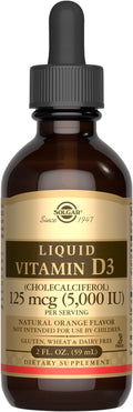 Solgar Liquid Vitamin D3 125 mcg (5,000 IU) - 2 fl oz - Delicious, Natural Orange Flavor - Helps Maintain Healthy Bones & Teeth - Immune System Support - Gluten Free, Dairy Free, Kosher - 59 Servings