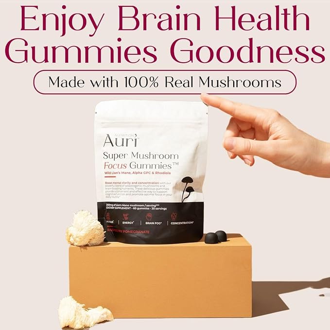 Auri Nutrition Super Mushroom Focus Gummies w/Lion's Mane, Alpha GPC & Rhodiola – Mushroom Supplement to Support Cognitive Function, Mental Clarity, Focus & Energy, 60 Gummies, Vegan Friendly, Non GMO
