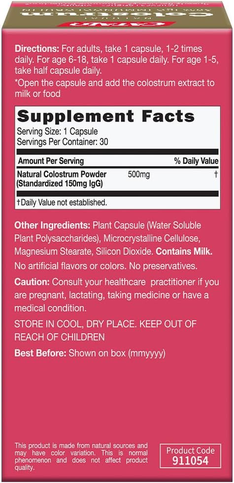 CATALO Bovine Colostrum Supplement for Women & Men - 30% IgG Immunoglobulins Formula - 500mg Colostrum Extract per Capsule - Plant-Based Capsules, 30 Capsules