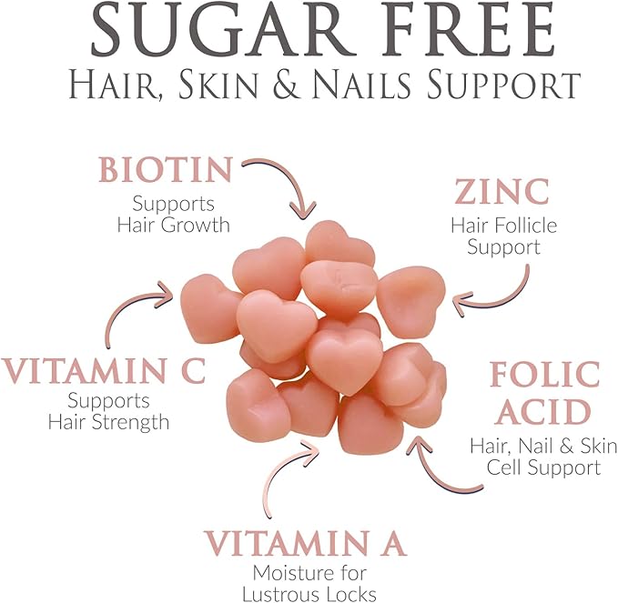 Hair Vitamins Gummies - Sugar Free Hair Growth Support Gummy with Biotin 5000 mcg Per Serving, Vitamin A, B12, C, D, E, Folic Acid - Supports Strong Beautiful Hair and Nails, Vegetarian - 60 Gummies