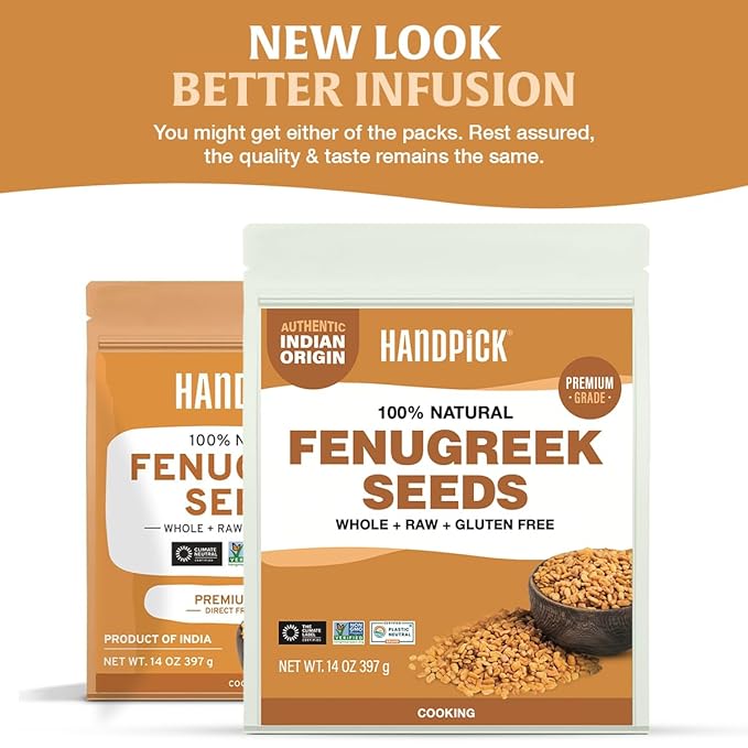 HANDPICK Fenugreek Seeds (14oz) ALL NATURAL Fenugreek - Indian Origin Whole Methi Seeds (Trigonella Foenum Graecum) Fenogreco En Semillas | Resealable Ziplock Pouch