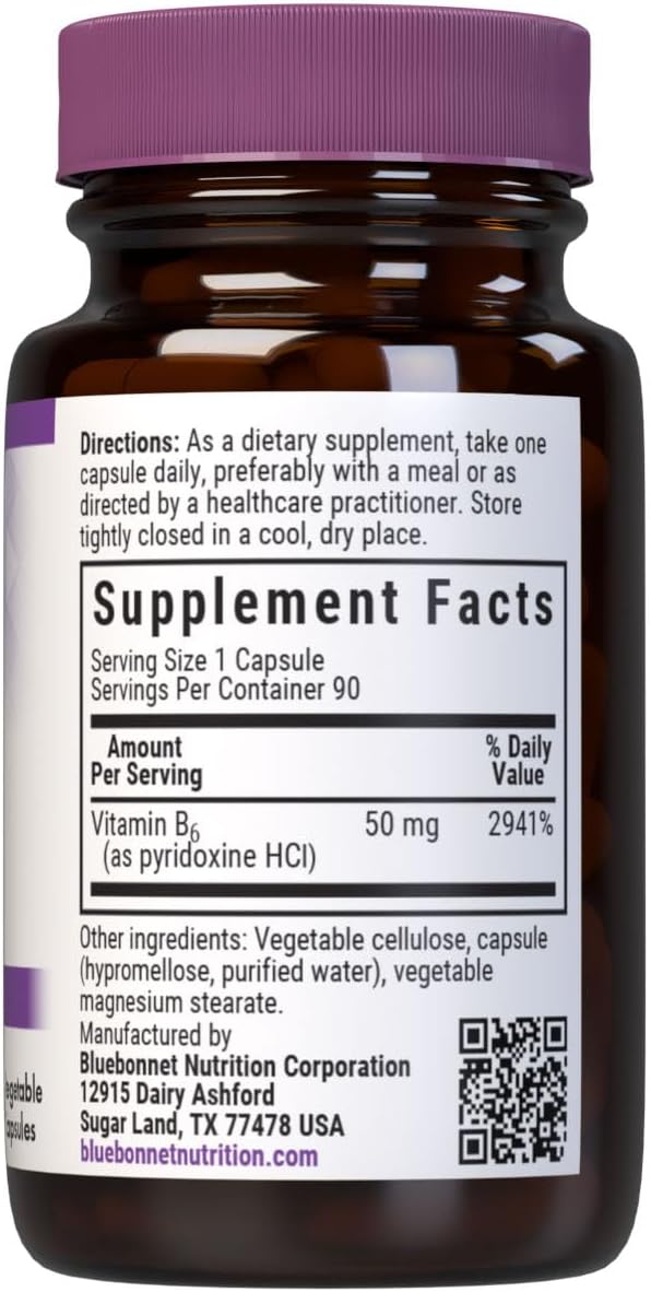 Bluebonnet Nutrition Vitamin B6 50mg Energy Vitamins for Women & Men - Nervous System Immune & Heart Health Support Supplement - Non-GMO, Vegan, Gluten-Free - 90 Vegetable Capsules