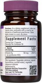 Bluebonnet Nutrition Vitamin B6 50mg Energy Vitamins for Women & Men - Nervous System Immune & Heart Health Support Supplement - Non-GMO, Vegan, Gluten-Free - 90 Vegetable Capsules