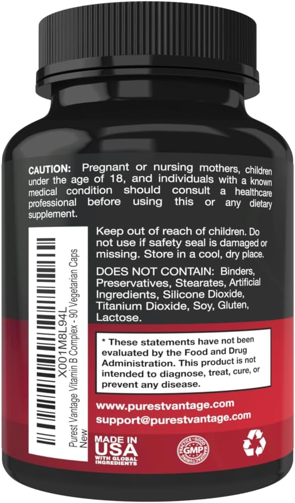Vitamin B Complex Vitamins B12, B1, B2, B3, B5, B6, B7, B9, Folic Acid - Super B Complex Vitamins for Women, Men, Adults - 90 Vegetarian Capsules
