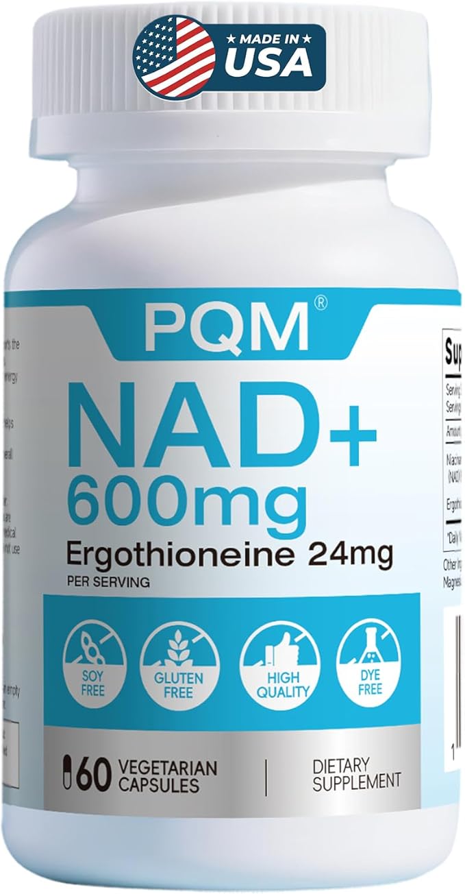 PQM NAD+ 600mg with Ergothioneine 24mg | Supports Cellular Energy, Anti Aging & Vitality | 99% Pure NAD Supplement | 60 Vegetarian Capsules Third-Party Tested