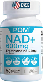 PQM NAD+ 600mg with Ergothioneine 24mg | Supports Cellular Energy, Anti Aging & Vitality | 99% Pure NAD Supplement | 60 Vegetarian Capsules Third-Party Tested