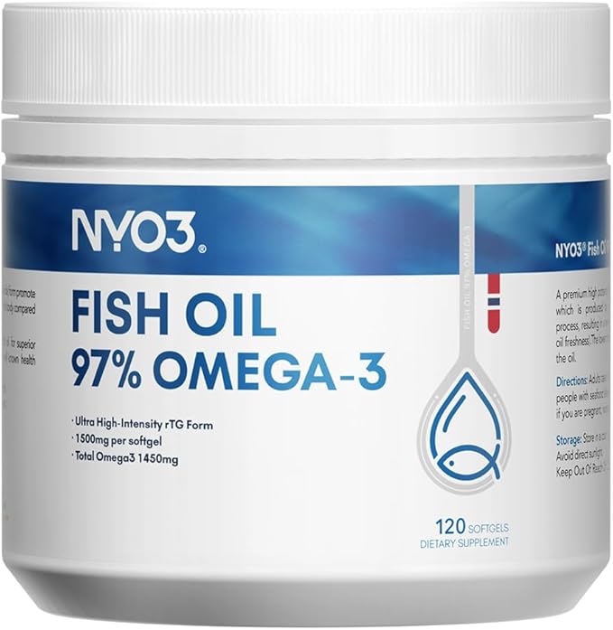 NYO3 Omega 3 Fish Oil 1500mg with DHA & EPA, 97% High-Potency Omega 3 Fatty Acids,Support Heart, Brain & Joint Health,No Fishy Aftertaste,Non-GMO,120 Softgel (Product Nearing Expiration)