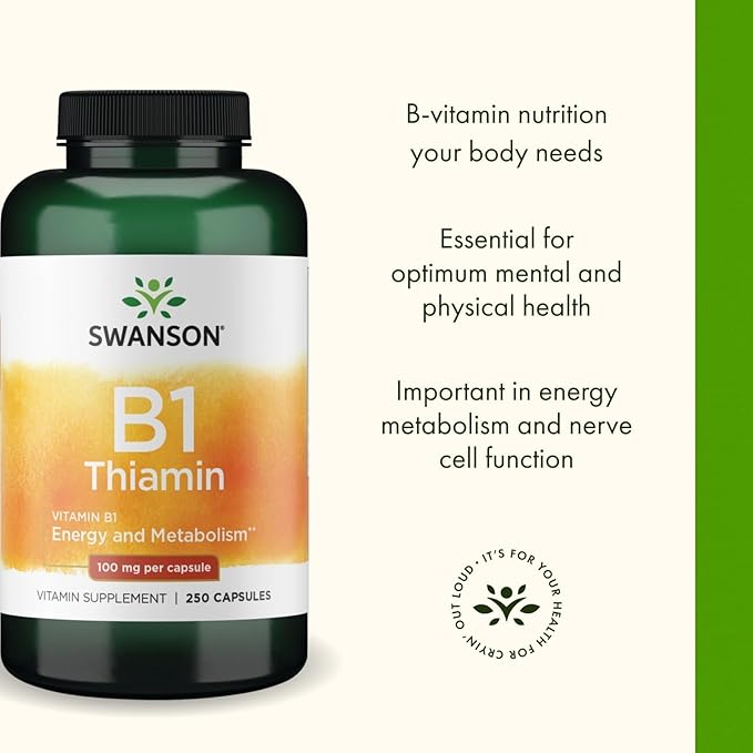 Swanson Vitamin B1 (Thiamin) - Promotes Healthy Metabolism and Provides Energy Support - Natural Vitamin Supplement Supporting Optimum Nerve Cell Function - (250 Capsules, 100mg Each) (2 Pack)