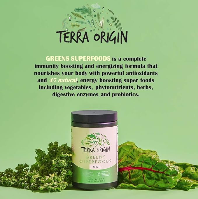 TERRA ORIGIN Healthy Superfood Greens Powder Drink with Probiotics & Ashwagandha | Adaptogen & Digestive Enzyme Fruit and Veggie Blend | for Gut Health, Energy, Immune Support* | 30 Servings | Mint