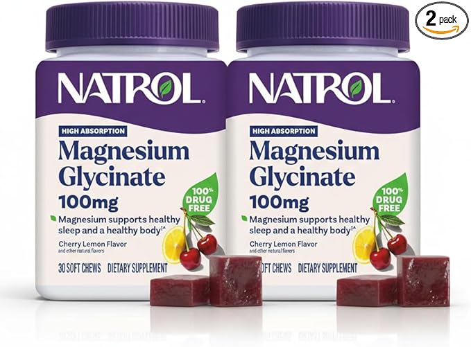 Natrol Magnesium Glycinate Supplements 100mg, Cherry Lemon Soft Chews for Healthy Sleep and Body, Magnesium Glycinate 100mg, Up to a 30 Day Supply (Pack of 2)