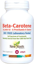 NEW ROOTS HERBAL Beta-Carotene 25,000 IU Supplements | Vitamin A (90 Softgels) | Full Spectrum of Carotenoids | Naturally Sourced from Non-GMO Red Palm Fruit + Organic Flax Seed Oil