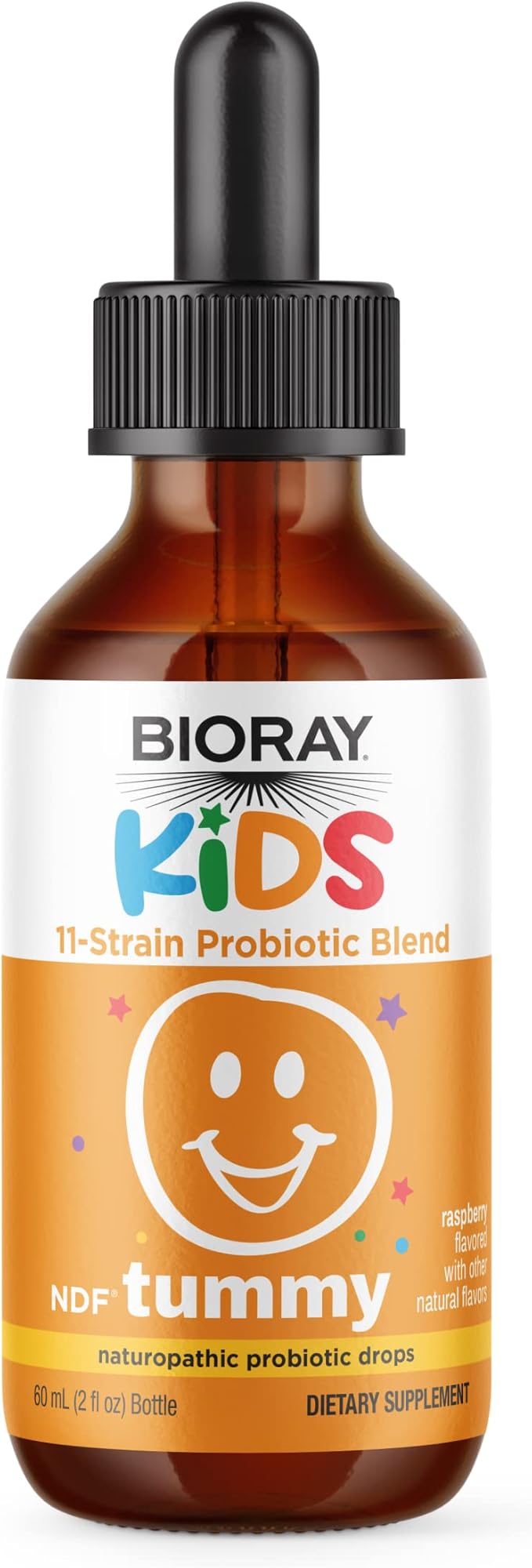 BIORAY Kids NDF Tummy, Raspberry - 2 fl oz - 11-Strain Probiotic Blend - Supports the Immune Response in the GI Tract - Non-GMO, Vegan, Gluten Free - Approx. 30 Servings