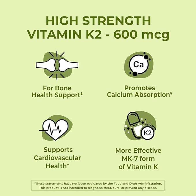 NutriZing K2 Vitamin Supplement MK-7 - High Strength 600mcg - Supports Bone & Arterial Health - 90 Vegan Capsules - Vitamin K2 for Men & Women - 3 Month Supply