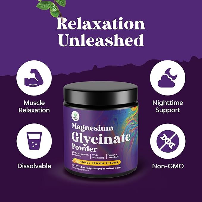 High Absorption Magnesium Glycinate Powder - Vegan Magnesium Powder for Sleep Relaxation & Regularity - Drink Mix Non-GMO Gluten Free & No Artificial Flavors (Honey Lemon) - 136g - 2 Pack