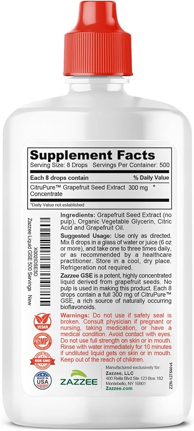 Zazzee GSE, 3X Triple Strength, 4 Ounces, 500 Servings, 300 mg per Serving, Premium Liquid Grapefruit Seed Extract Concentrate with Bioflavonoids, Vegan, Gluten Free, All-Natural, Made in the USA