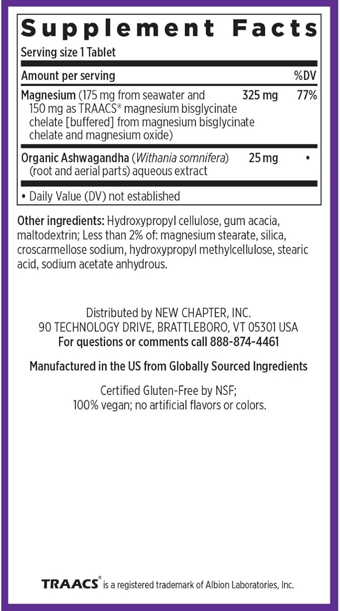 New Chapter Magnesium + Ashwagandha Supplement, 325 mg with Magnesium Glycinate for Muscle Relaxation & Recovery, Heart, Nerve & Bone Health, 2.5X Absorption, Non-GMO - 30 ct (1 Month Supply)
