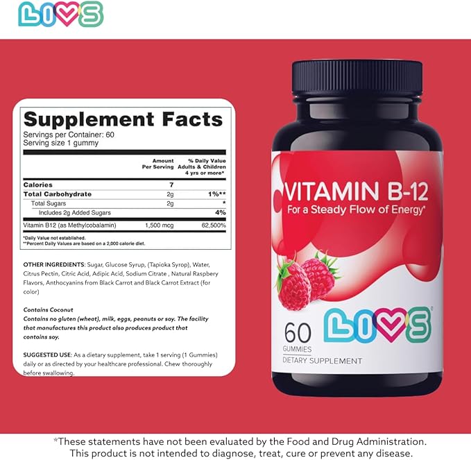 LIVS Vitamin B12 Gummies for Adults & Kids | Vegan Methylcobalamin B12 Supplement | Energy, Metabolism & Nerve Support | Raspberry Flavor | Non-GMO, Gluten-Free, Pectin-Based | 60 Count