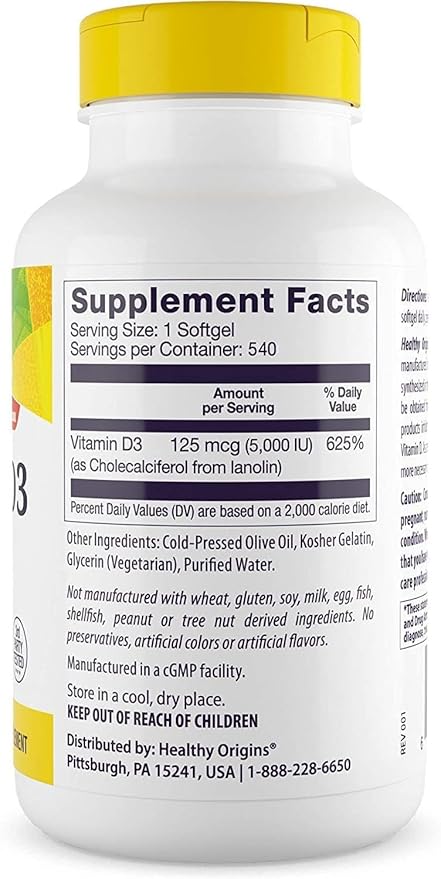 Healthy Origins Vitamin D3 (Lanolin) 5,000 IU Softgel - Bone Health and Immune Support Supplement - Easily Absorbable Vitamin D Supplements - Gluten-Free Vitamin D3 Supplement -540 Softgels