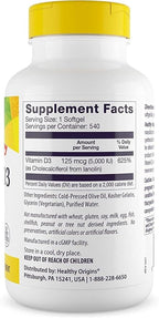 Healthy Origins Vitamin D3 (Lanolin) 5,000 IU Softgel - Bone Health and Immune Support Supplement - Easily Absorbable Vitamin D Supplements - Gluten-Free Vitamin D3 Supplement -540 Softgels