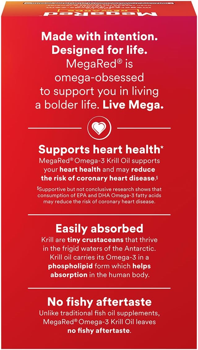 MegaRed Extra Strength 500mg Omega-3 Krill Oil Supplement with EPA/DHA, No Fishy Aftertaste Supports Heart Health, 80 Count Softgels (2 Pack)