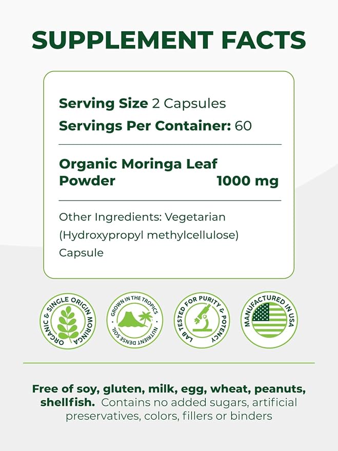 PURA VIDA MORINGA Organic Moringa Capsules, Pure Moringa Leaf Powder Single Origin for Energy, Metabolism & Immune Support, 120ct, 500mg Caps