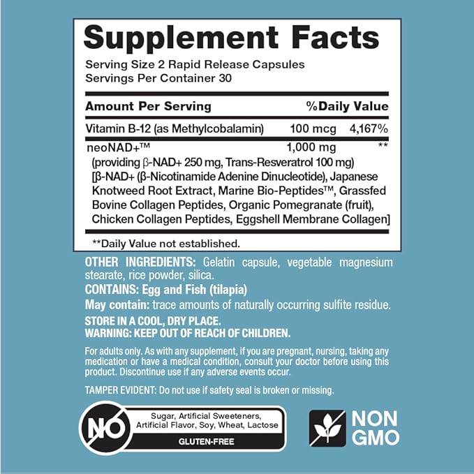 NeoCell NAD+ Resveratrol Supplement | with Multi Collagen Bio-Peptides | 60 Capsules | Supports Healthy Aging & Cellular Energy