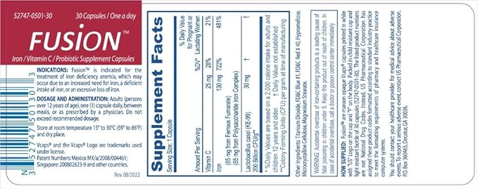 Fusion Iron Supplement - 65 mg Ferrous Fumarate - 65 mg Polysaccharide Iron Complex Boosted by Patented Probiotics and Vitamin C