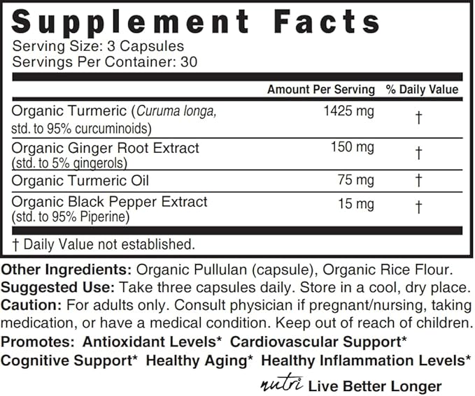 Nutri Organic Turmeric Curcumin Supplement 1425mg - 40x More Bioavailable - 95% Pure Curcuminoids - with Black Pepper, Ginger & Turmeric Oil - 90 Count Capsules, 3rd Party Tested