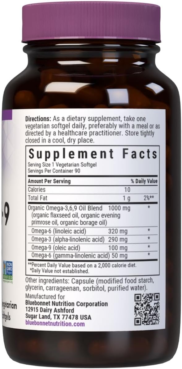 Bluebonnet Nutrition Plant Based Omega 3-6-9-1000 mg – for Heart Health* – Highly Absorbable Cold Pressed Oil – Non-GMO Project Verified, Vegan – Free of Gluten, Soy & Milk - 90 Softgels, 90 Serving