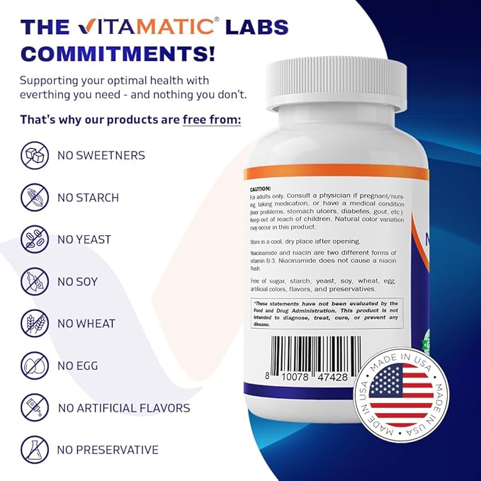 Vitamatic Niacinamide 500 mg 240 Tablets - Flush Free Vitamin B3 - Supports Energy Production (Pack of 2)
