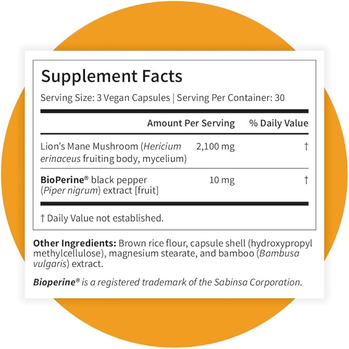 Pattern Wellness Lion’s Mane Mushroom – Supplement Capsules for Cognitive & Focus Support – Enhanced Absorption – 90 Vegan Capsules