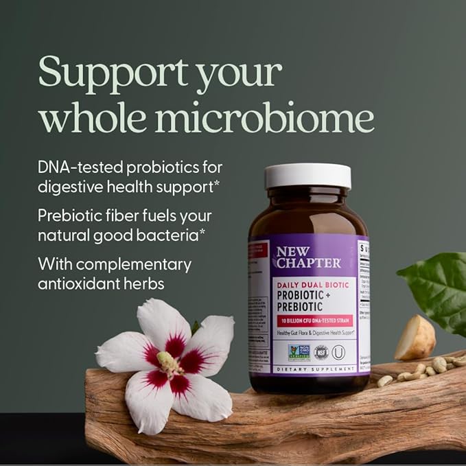 New Chapter Daily Dual Biotic Probiotic + Prebiotic for Digestion & Microbiome Health, 100% Vegan, Soy Free, Non-GMO, 60 Count (2 Month Supply)