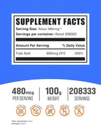 BulkSupplements.com Folic Acid Powder - Folate Supplement, Vitamin B9 - Gluten Free, 480mcg per Serving, 100g (3.5 oz) (Pack of 1)