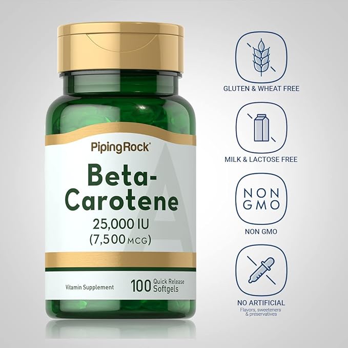 Piping Rock Beta Carotene 25000 IU Softgels | 7500 mcg | 100 Count | Vitamin A Supplement | Non-GMO, Gluten Free