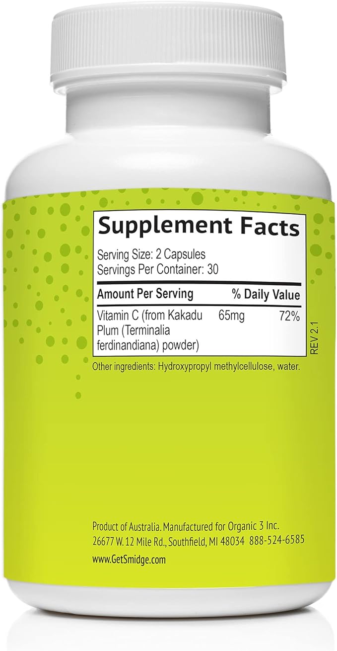 Smidge® Kakadu Plum Capsules, 60 ct. Pure, Non-GMO Vitamin C from Australian Kakadu Plum. No Fillers, No Ascorbic Acid
