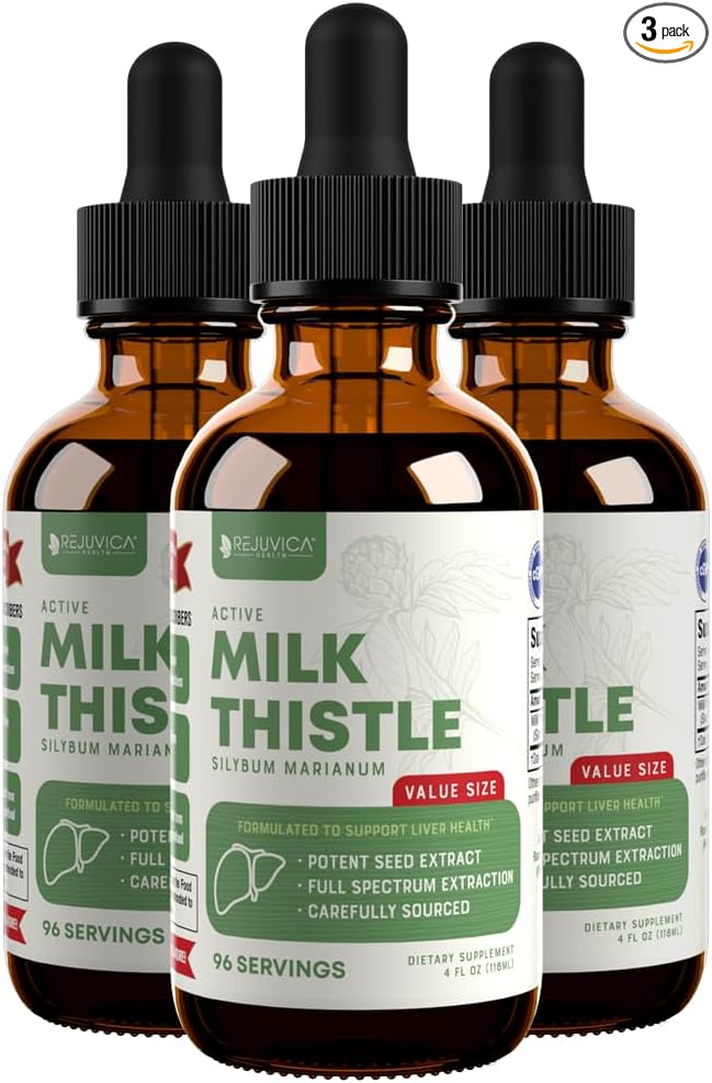 Rejuvica Health Active Milk Thistle 4oz XL Super Size - Advanced Milk Thistle Seed Liquid Extract Drops - May Support The Liver - Vegan Sugar Free Non GMO Tincture 3 Pack