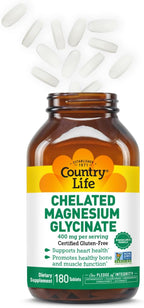 Country Life Chelated Magnesium Glycinate 400mg – High Absorption Magnesium Supplement for Muscle Relaxation, Energy, Bone & Immune Support – Gluten-Free, Vegan, Halal, Non-GMO Verified - 180 Tablets