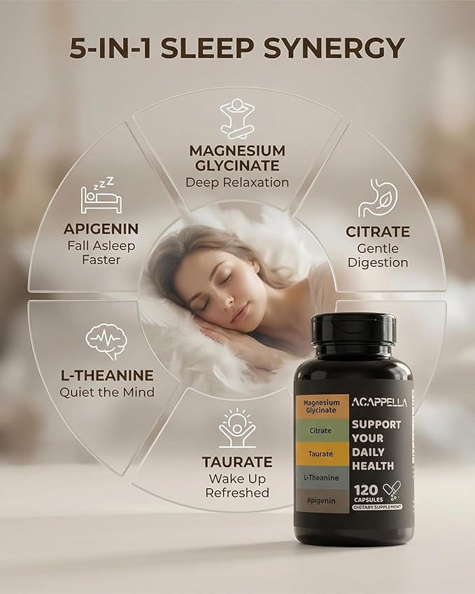 ACAPPELLA Magnesium Citrate Capsules with Magnesium Glycinate Capsules,Agnesium Taurate L-Theanine Apigenin Supplement - 120 Count