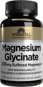 Windmill Natural Vitamins Magnesium Glycinate 200 mg, Supports Muscle, Joint, and Heart Health, Energy and Bone Support, Veggie Capsules, Gluten Free, Vegan, Non-GMO, 120 Capsules