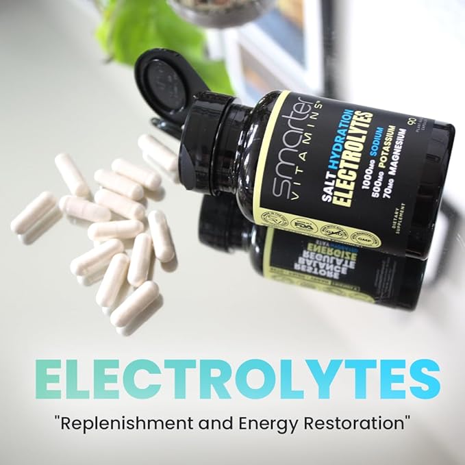 Smarter Electrolyte Capsules – Salt Pills with 1000mg Sodium, 500mg Potassium, 70mg Magnesium – Keto/Fasting & Workout Hydration Support – Zero Sugar – 30 Servings